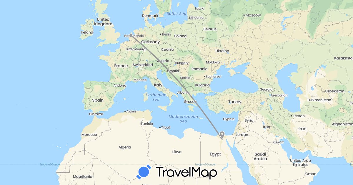 TravelMap itinerary: driving, plane in Egypt, Netherlands (Africa, Europe)